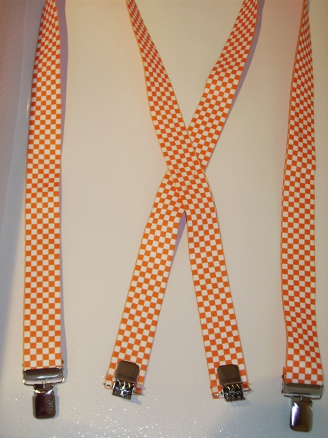 1 1/2" & 2” wide. "X" Style. BUTTON-ON.  Choose from Assorted SIZES from 5' 1" to  6' 2" Height. (42" to 48" long Straps).  Cotton/Polyester, hand washable-hang to dry Suspenders with Straps that are stretchable for entire length of the material with Genuine Leather ends and 2 Chrome Adjusters. CHECKERS ORANGE AND WHITE.      X-UA/B220N-CKOW
